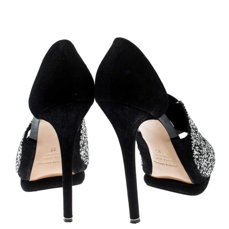 Pre Owned Nicholas Kirkwood Monochrome Suede Cut Out Peep Toe Platform Sandals Size 39