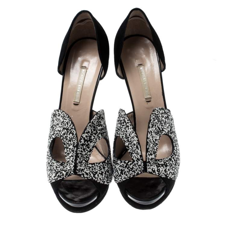 Pre Owned Nicholas Kirkwood Monochrome Suede Cut Out Peep Toe Platform Sandals Size 39