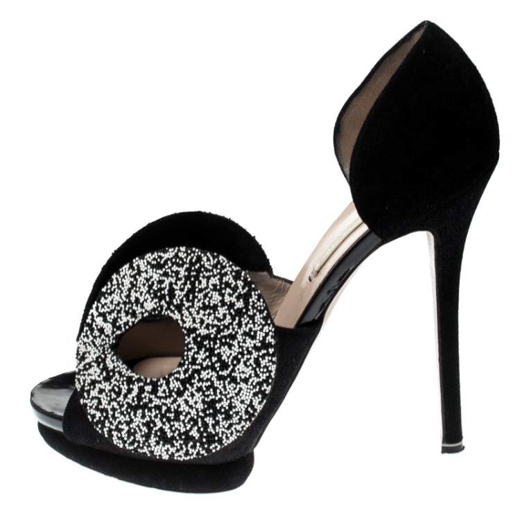 Pre Owned Nicholas Kirkwood Monochrome Suede Cut Out Peep Toe Platform Sandals Size 39