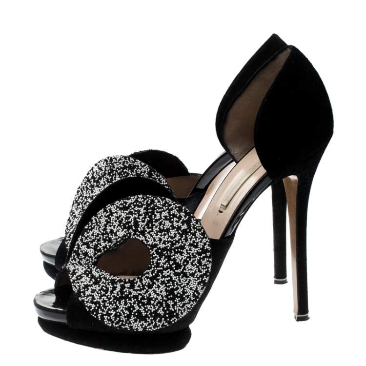 Pre Owned Nicholas Kirkwood Monochrome Suede Cut Out Peep Toe Platform Sandals Size 39