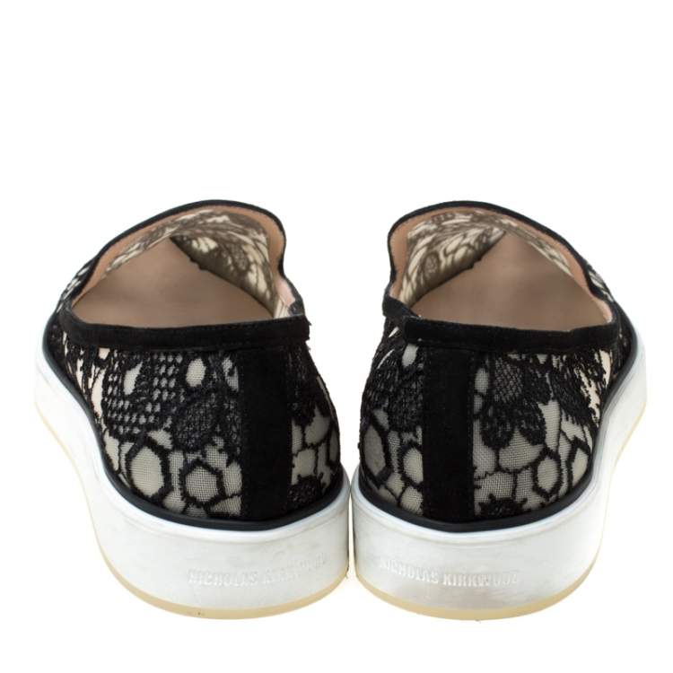 Pre Owned Nicholas Kirkwood Black Lace Alona Pointed Toe Platform Loafers Size 36
