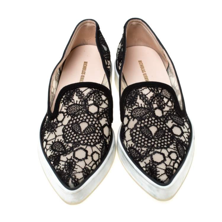 Pre Owned Nicholas Kirkwood Black Lace Alona Pointed Toe Platform Loafers Size 36