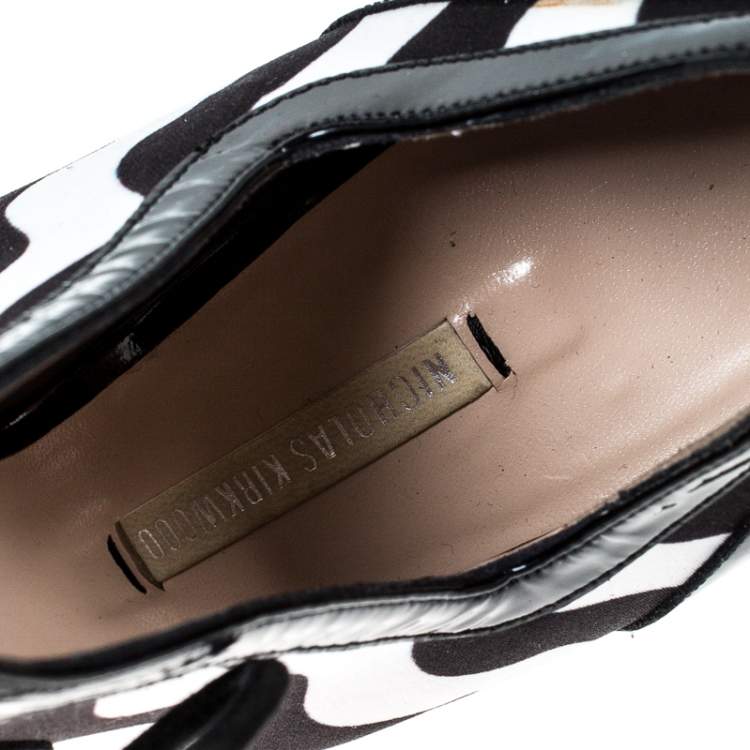 Pre Owned Nicholas Kirkwood Monochrome Satin And Patent Leather Cut Out Strappy Sandals Size 37