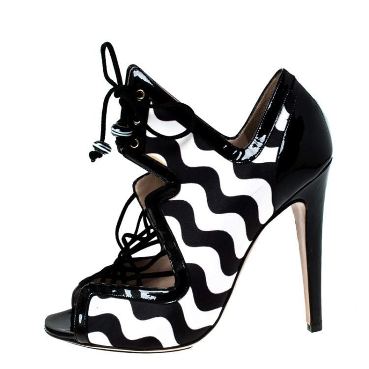 Pre Owned Nicholas Kirkwood Monochrome Satin And Patent Leather Cut Out Strappy Sandals Size 37
