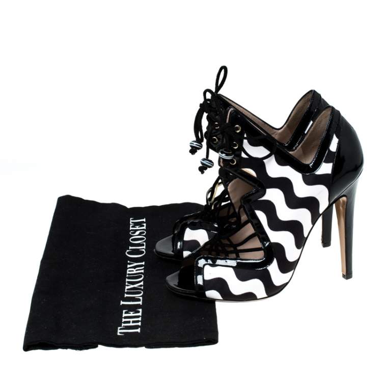 Pre Owned Nicholas Kirkwood Monochrome Satin And Patent Leather Cut Out Strappy Sandals Size 37
