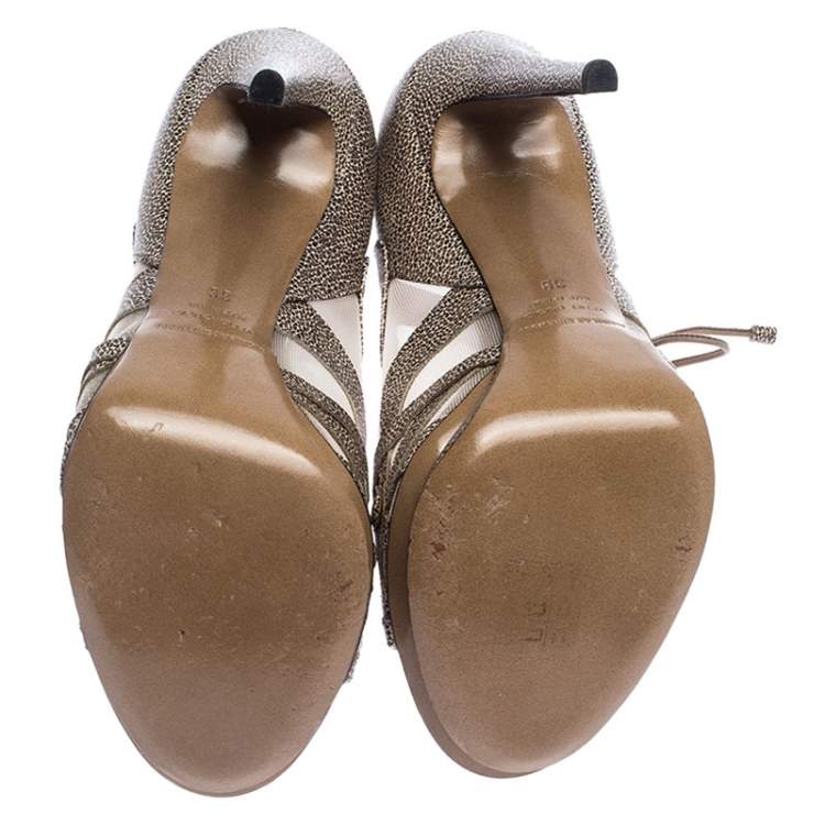 Pre Owned Nicholas Kirkwood Black/Beige Textured Leather and Mesh Lace Up Platform Sandals Size 39