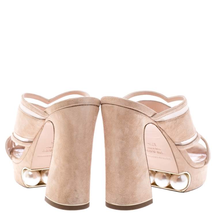 Pre Owned Nicholas Kirkwood Beige Suede Pearl Embellished Platform Open Toe Sandals Size 37.5