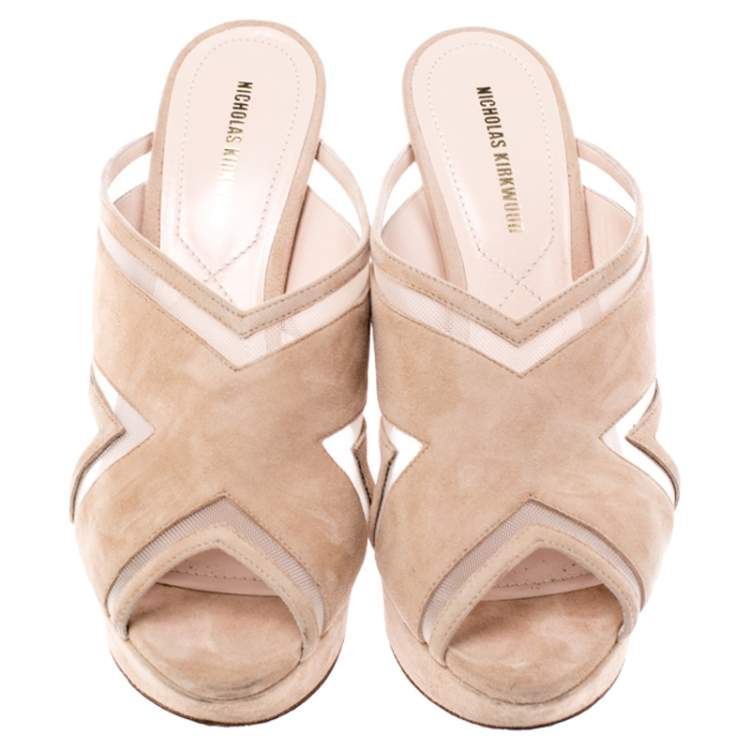 Pre Owned Nicholas Kirkwood Beige Suede Pearl Embellished Platform Open Toe Sandals Size 37.5
