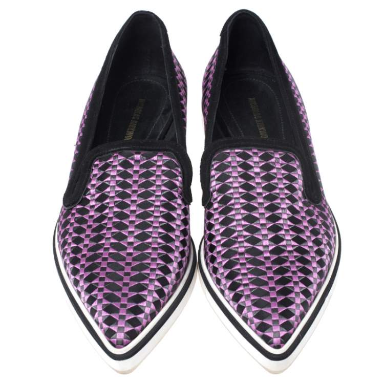 Pre Owned Nicholas Kirkwood Black/Purple Embroidered Satin And Suede Trim Alona Pointed Toe Loafers Size 38