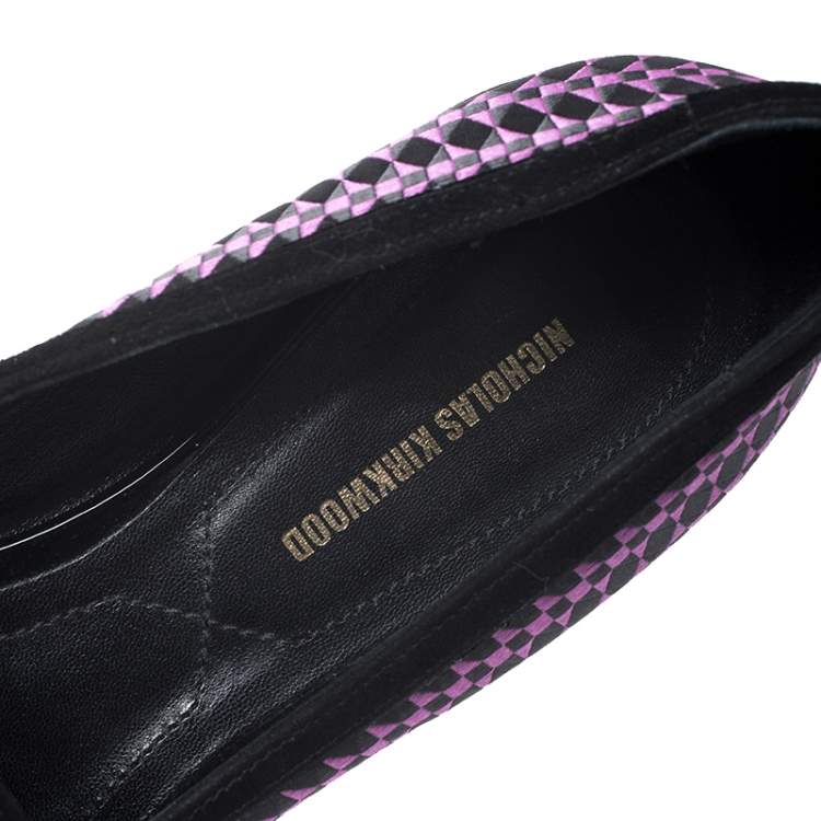 Pre Owned Nicholas Kirkwood Black/Purple Embroidered Satin And Suede Trim Alona Pointed Toe Loafers Size 38