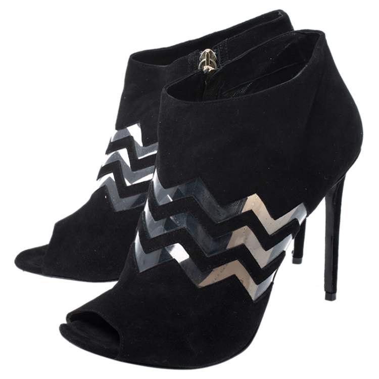 Pre Owned Nicholas Kirkwood Black Suede And PVC Chevron Peep Toe Ankle Booties Size 40