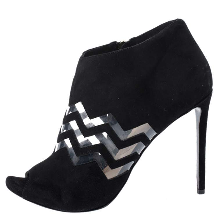 Pre Owned Nicholas Kirkwood Black Suede And PVC Chevron Peep Toe Ankle Booties Size 40