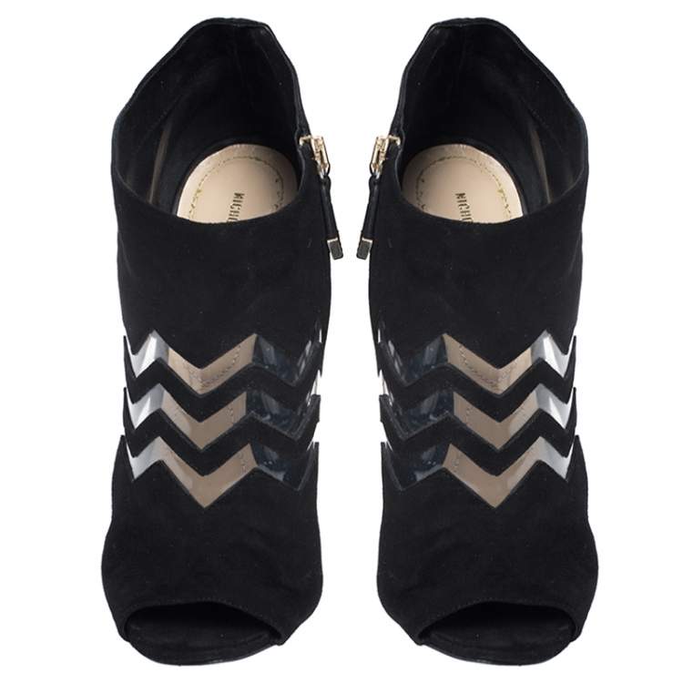 Pre Owned Nicholas Kirkwood Black Suede And PVC Chevron Peep Toe Ankle Booties Size 40