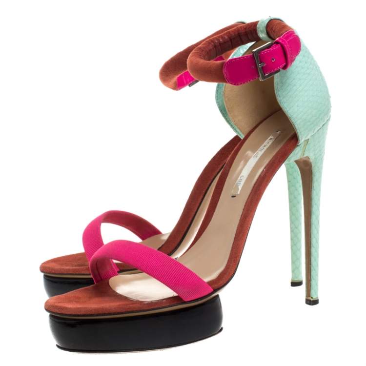 Pre Owned Nicholas Kirkwood Multicolor Python Leather And Canvas Platform Ankle Strap Sandals Size 38.5