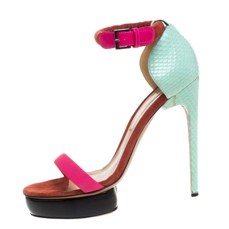 Pre Owned Nicholas Kirkwood Multicolor Python Leather And Canvas Platform Ankle Strap Sandals Size 38.5