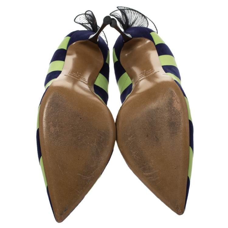 Pre Owned Nicholas Kirkwood Blue/Green Stripe Suede and Leather Ruffle Back Pointed Toe Pumps Size 41