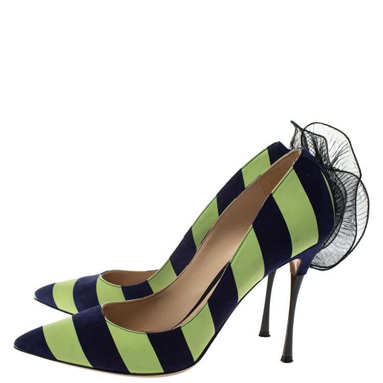 Pre Owned Nicholas Kirkwood Blue/Green Stripe Suede and Leather Ruffle Back Pointed Toe Pumps Size 41
