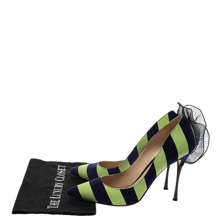 Pre Owned Nicholas Kirkwood Blue/Green Stripe Suede and Leather Ruffle Back Pointed Toe Pumps Size 41