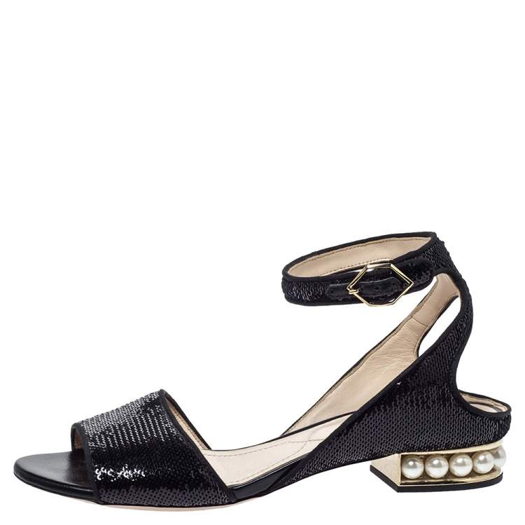 Pre Owned Nicholas Kirkwood Black Sequin Embellished Fabric Casati Pearl Ankle Strap Sandals Size 37.5