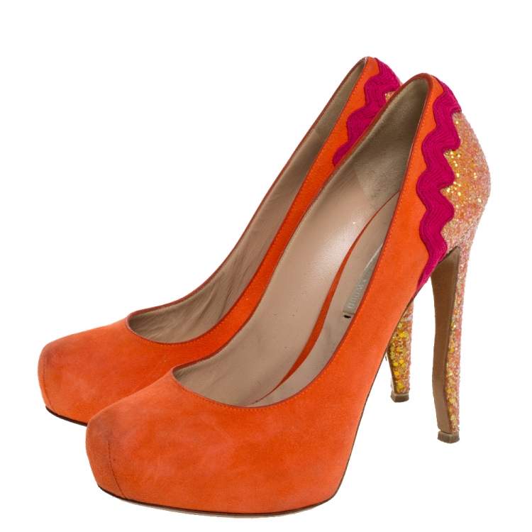 Pre Owned Nicholas Kirkwood Orange Suede And Coarse Glitter Heel Platform Pumps Size 38