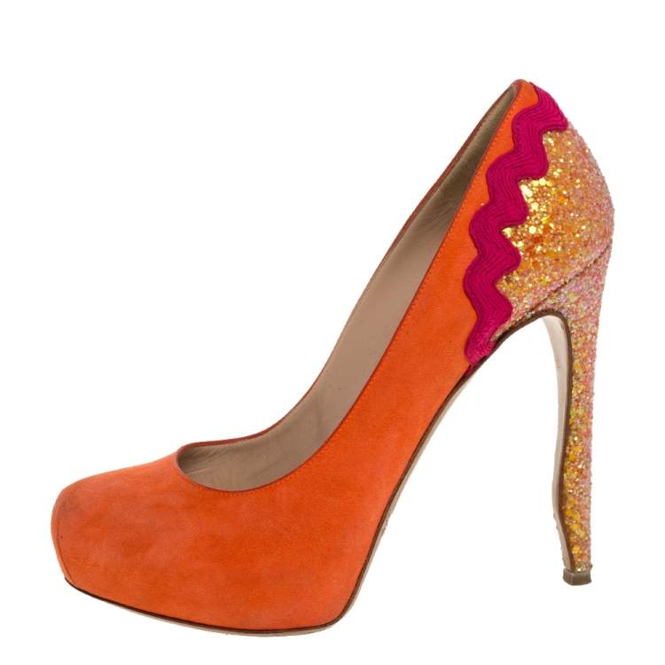 Pre Owned Nicholas Kirkwood Orange Suede And Coarse Glitter Heel Platform Pumps Size 38