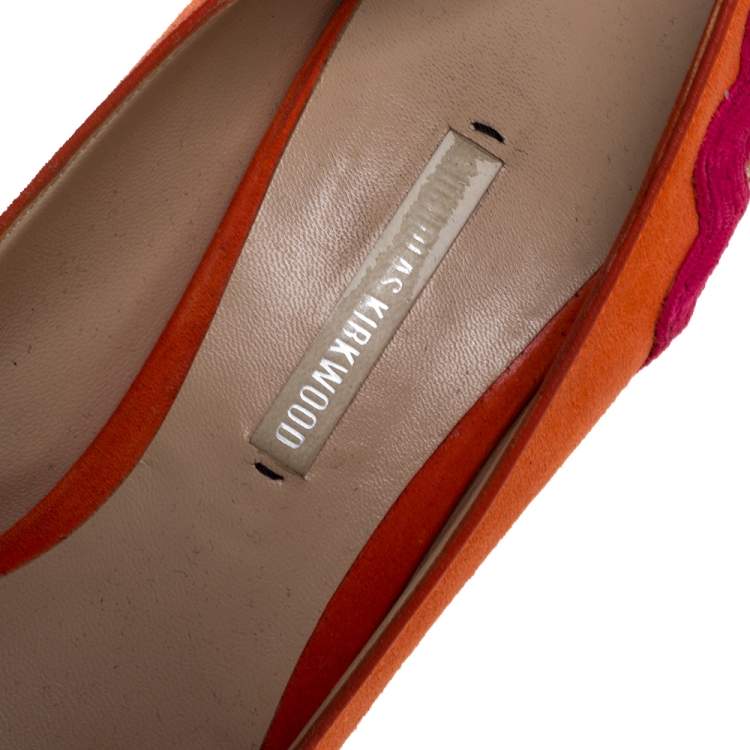 Pre Owned Nicholas Kirkwood Orange Suede And Coarse Glitter Heel Platform Pumps Size 38