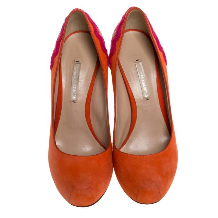 Pre Owned Nicholas Kirkwood Orange Suede And Coarse Glitter Heel Platform Pumps Size 38