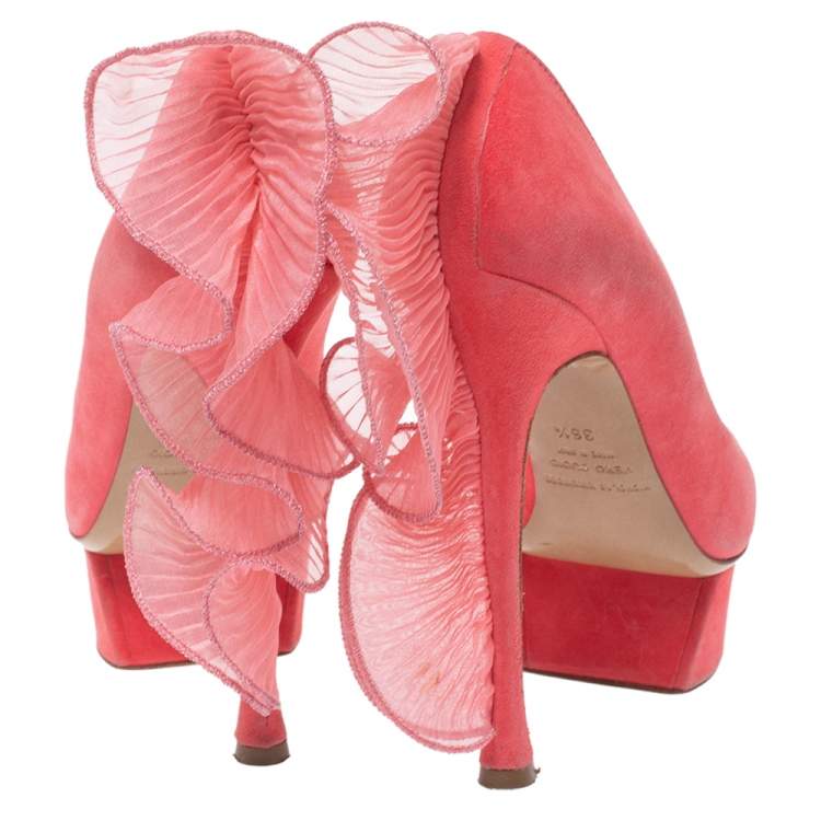 Pre Owned Nicholas Kirkwood Pink Suede Ruffle Trimmed Platform Pumps Size 36.5