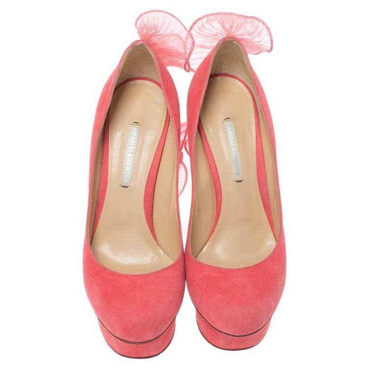 Pre Owned Nicholas Kirkwood Pink Suede Ruffle Trimmed Platform Pumps Size 36.5