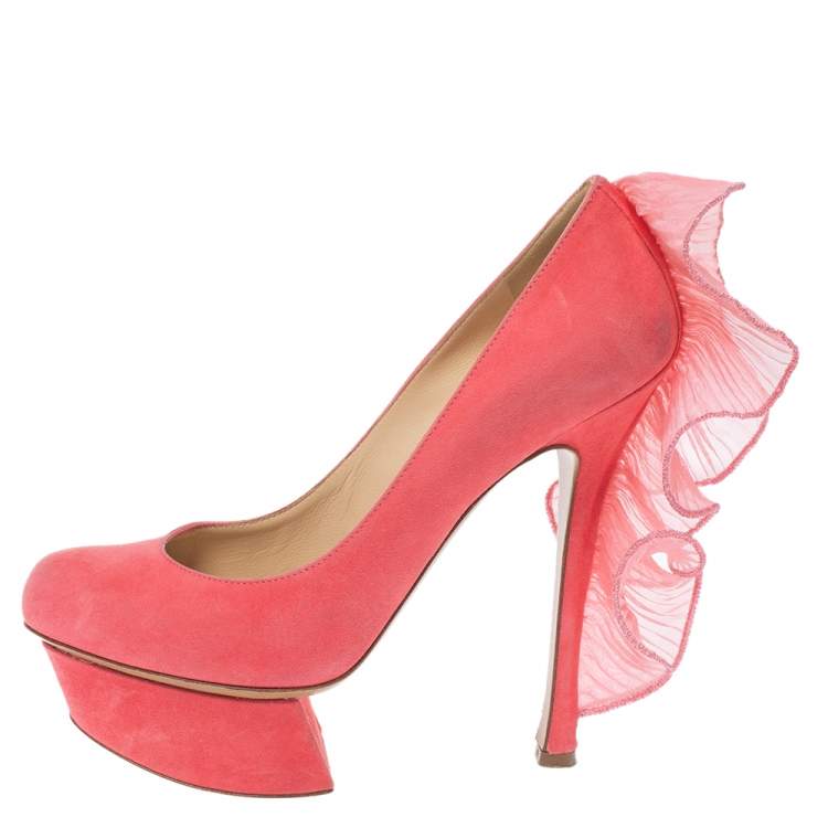 Pre Owned Nicholas Kirkwood Pink Suede Ruffle Trimmed Platform Pumps Size 36.5