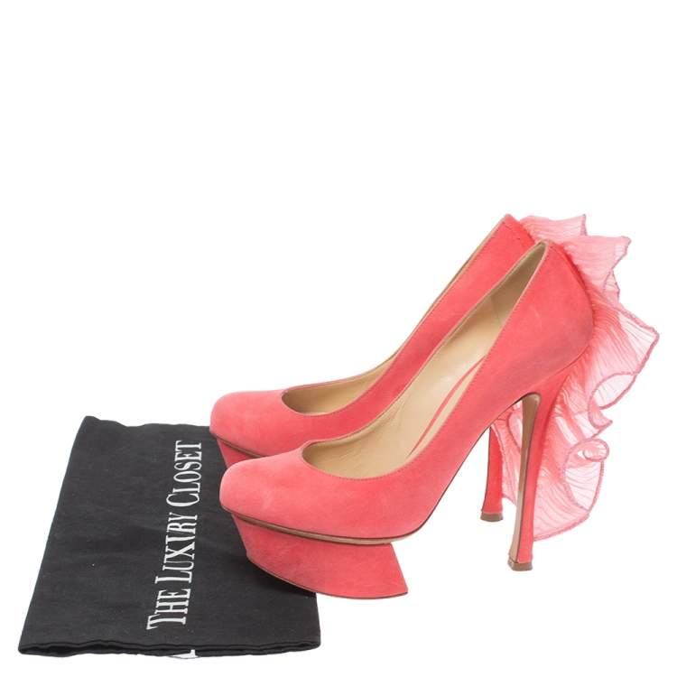 Pre Owned Nicholas Kirkwood Pink Suede Ruffle Trimmed Platform Pumps Size 36.5