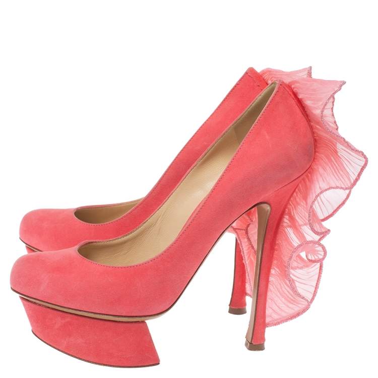 Pre Owned Nicholas Kirkwood Pink Suede Ruffle Trimmed Platform Pumps Size 36.5