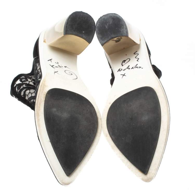 Pre Owned Nicholas Kirkwood Black Suede and Embroidered Mesh Block Heel Ankle Boots Size 36.5