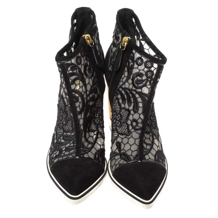 Pre Owned Nicholas Kirkwood Black Suede and Embroidered Mesh Block Heel Ankle Boots Size 36.5