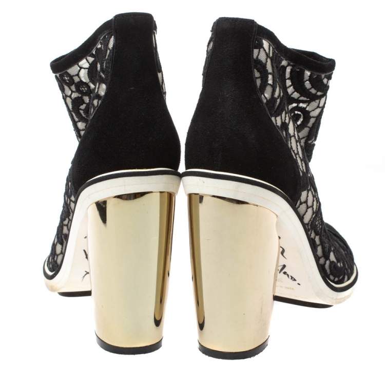Pre Owned Nicholas Kirkwood Black Suede and Embroidered Mesh Block Heel Ankle Boots Size 36.5