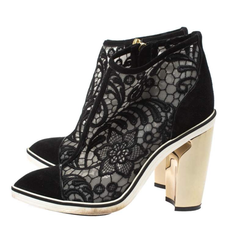 Pre Owned Nicholas Kirkwood Black Suede and Embroidered Mesh Block Heel Ankle Boots Size 36.5