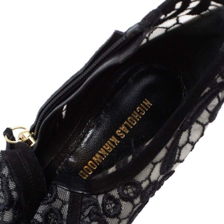 Pre Owned Nicholas Kirkwood Black Suede and Embroidered Mesh Block Heel Ankle Boots Size 36.5
