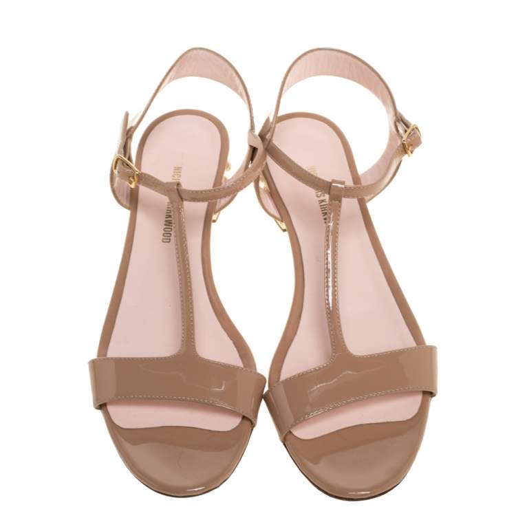 Pre Owned Nicholas Kirkwood Beige Patent Leather Casati Faux Pearl Embellished T Strap Sandals Size 38