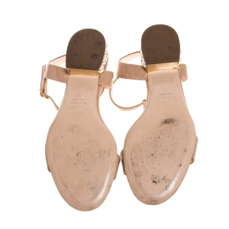 Pre Owned Nicholas Kirkwood Beige Patent Leather Casati Faux Pearl Embellished T Strap Sandals Size 38