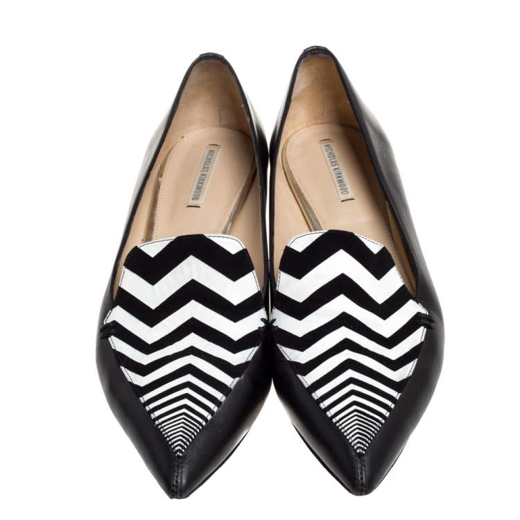Pre Owned Nicholas Kirkwood Black/White Leather Beya Zigzag Pointed Toe Ballet Flats 38