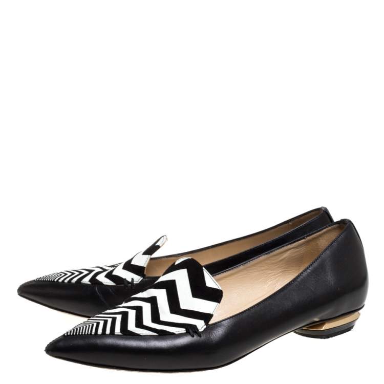 Pre Owned Nicholas Kirkwood Black/White Leather Beya Zigzag Pointed Toe Ballet Flats 38
