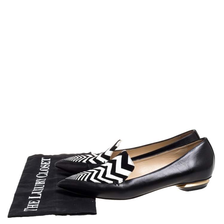 Pre Owned Nicholas Kirkwood Black/White Leather Beya Zigzag Pointed Toe Ballet Flats 38