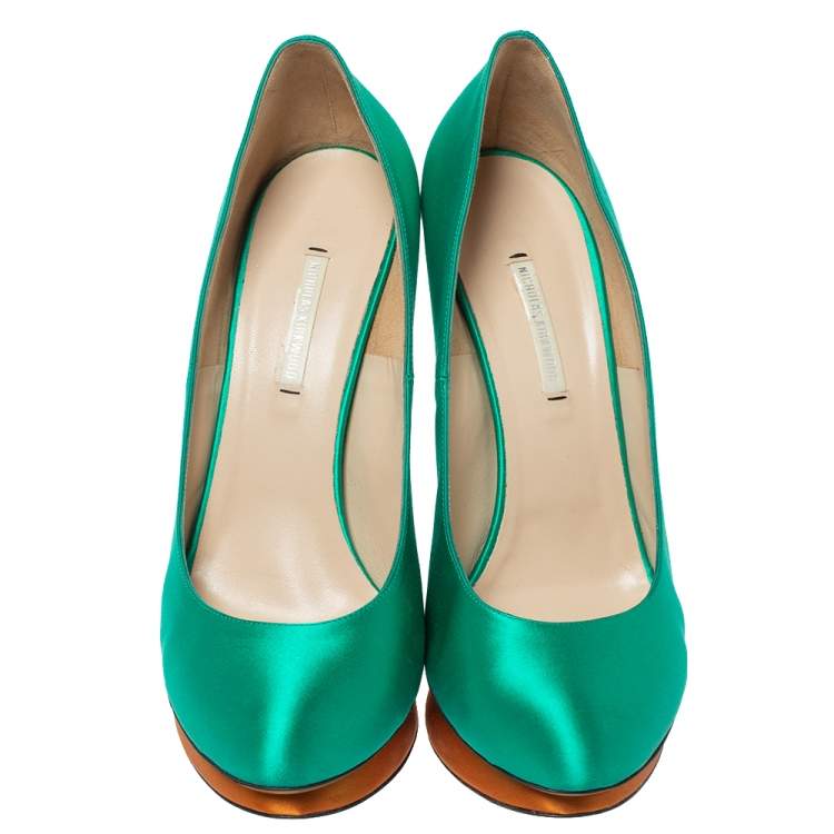 Pre Owned Nicholas Kirkwood Green Satin Platform Pumps Size 41