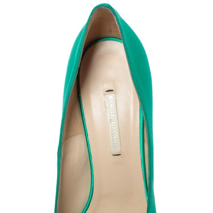 Pre Owned Nicholas Kirkwood Green Satin Platform Pumps Size 41