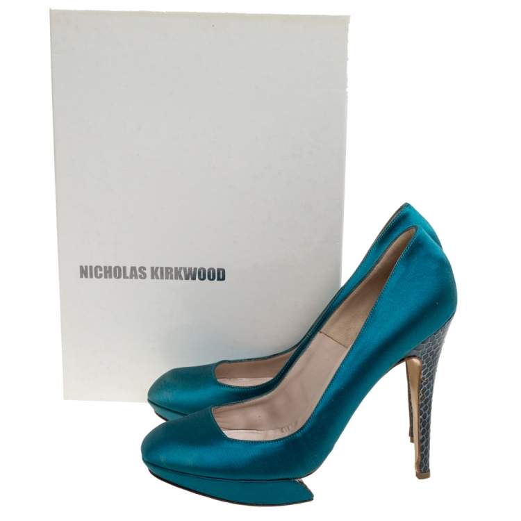 Pre Owned Nicholas Kirkwood Blue Satin And Python Leather Trim Heel Platform Pumps Size 38
