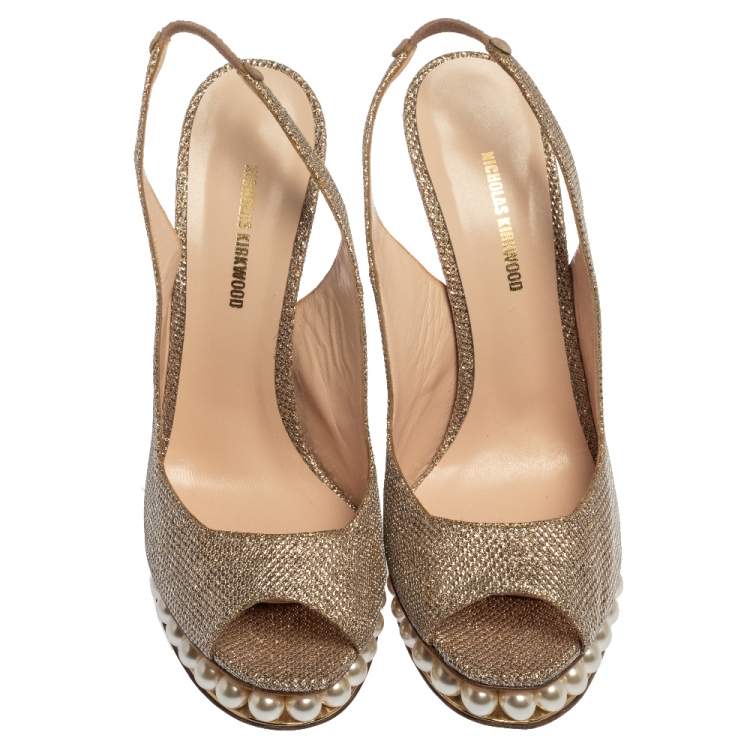 Pre Owned Nicholas Kirkwood Metallic Gold Glitter Fabric Pearl Embellished Platform Slingback Sandals Size 39
