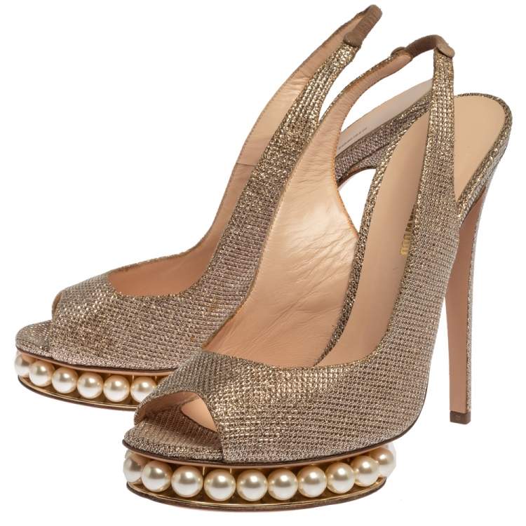 Pre Owned Nicholas Kirkwood Metallic Gold Glitter Fabric Pearl Embellished Platform Slingback Sandals Size 39