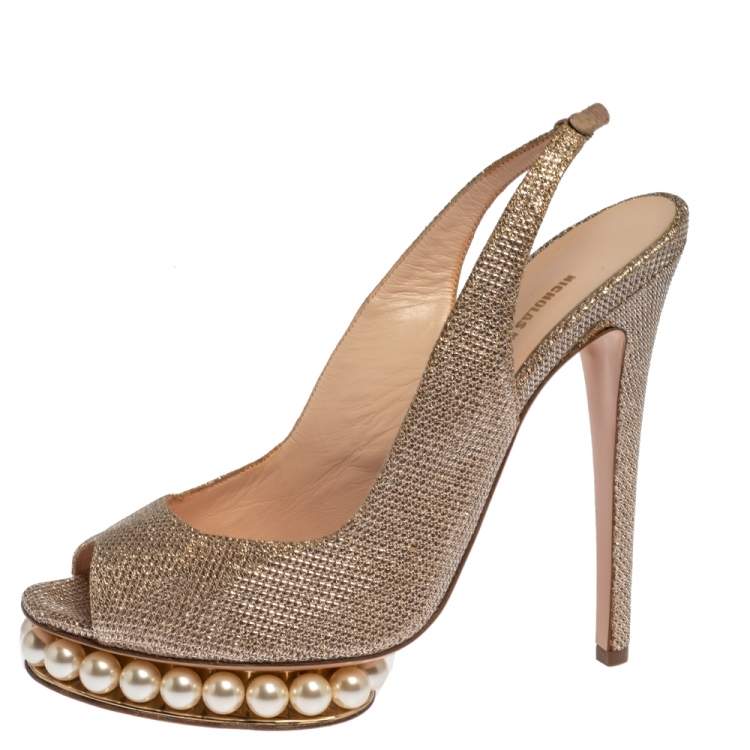 Pre Owned Nicholas Kirkwood Metallic Gold Glitter Fabric Pearl Embellished Platform Slingback Sandals Size 39