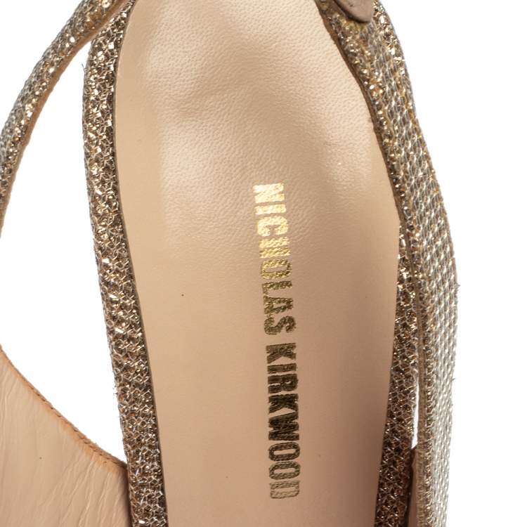 Pre Owned Nicholas Kirkwood Metallic Gold Glitter Fabric Pearl Embellished Platform Slingback Sandals Size 39