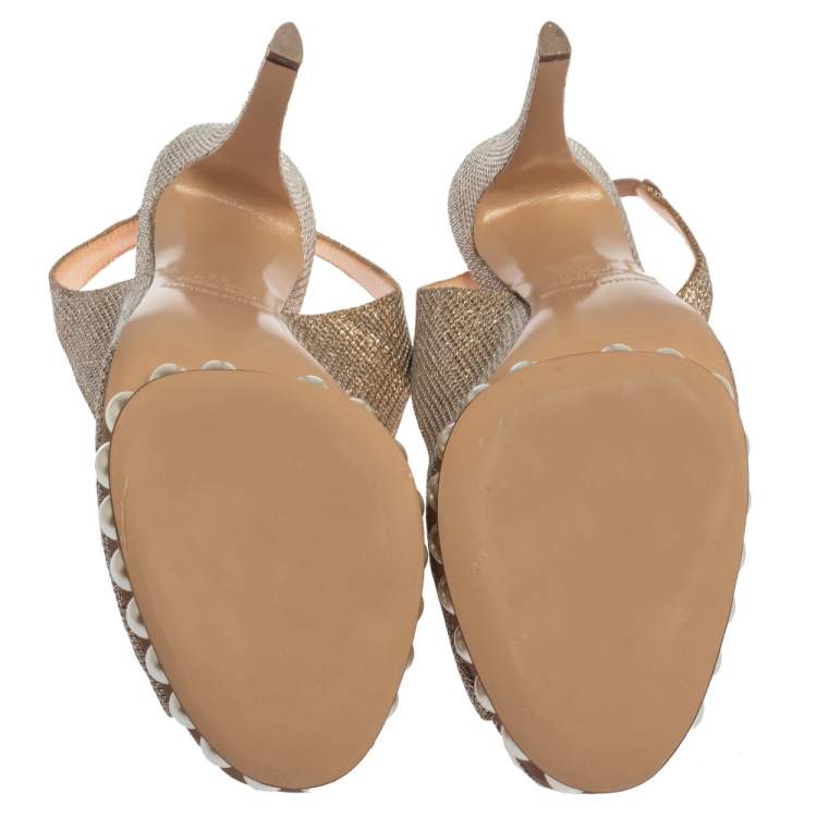 Pre Owned Nicholas Kirkwood Metallic Gold Glitter Fabric Pearl Embellished Platform Slingback Sandals Size 39